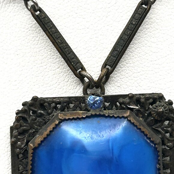 Vintage 1920s Czech Art Deco Blue Glass Necklace Filigree Bar Link Chain 18” - Picture 12 of 16